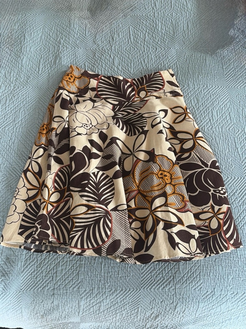 Metro Wear Floral A-Line Skirt in Cream, Brown & Gold Accents
